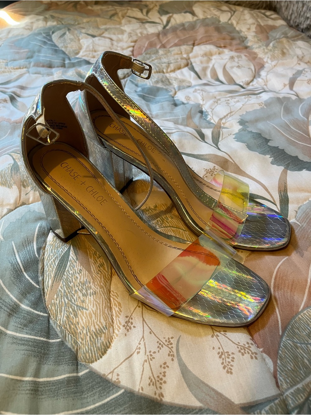 Chase + Chloe Iridescent Block Heel Sandals in Holographic Multi